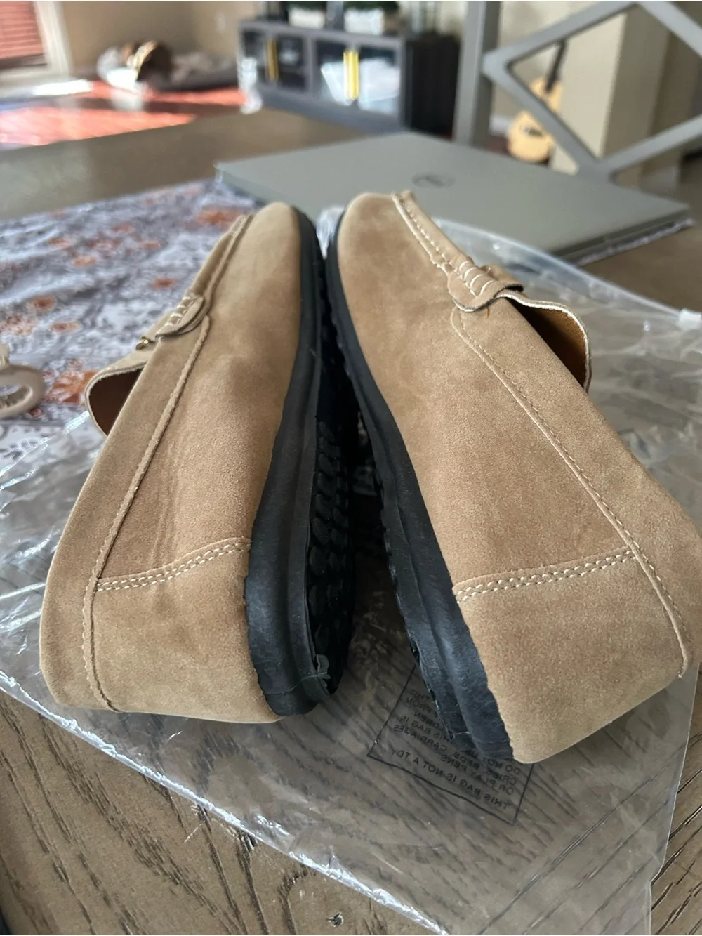 Men's Tan Suede Slip-On Loafers with Gold Bit Accent